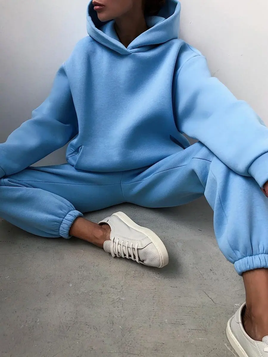 Women's Tracksuit Suit Winter Fashion Warm Hoodie Sweatshirts Two Pieces Oversized Solid Casual Hoody Pullovers Long Pant Sets