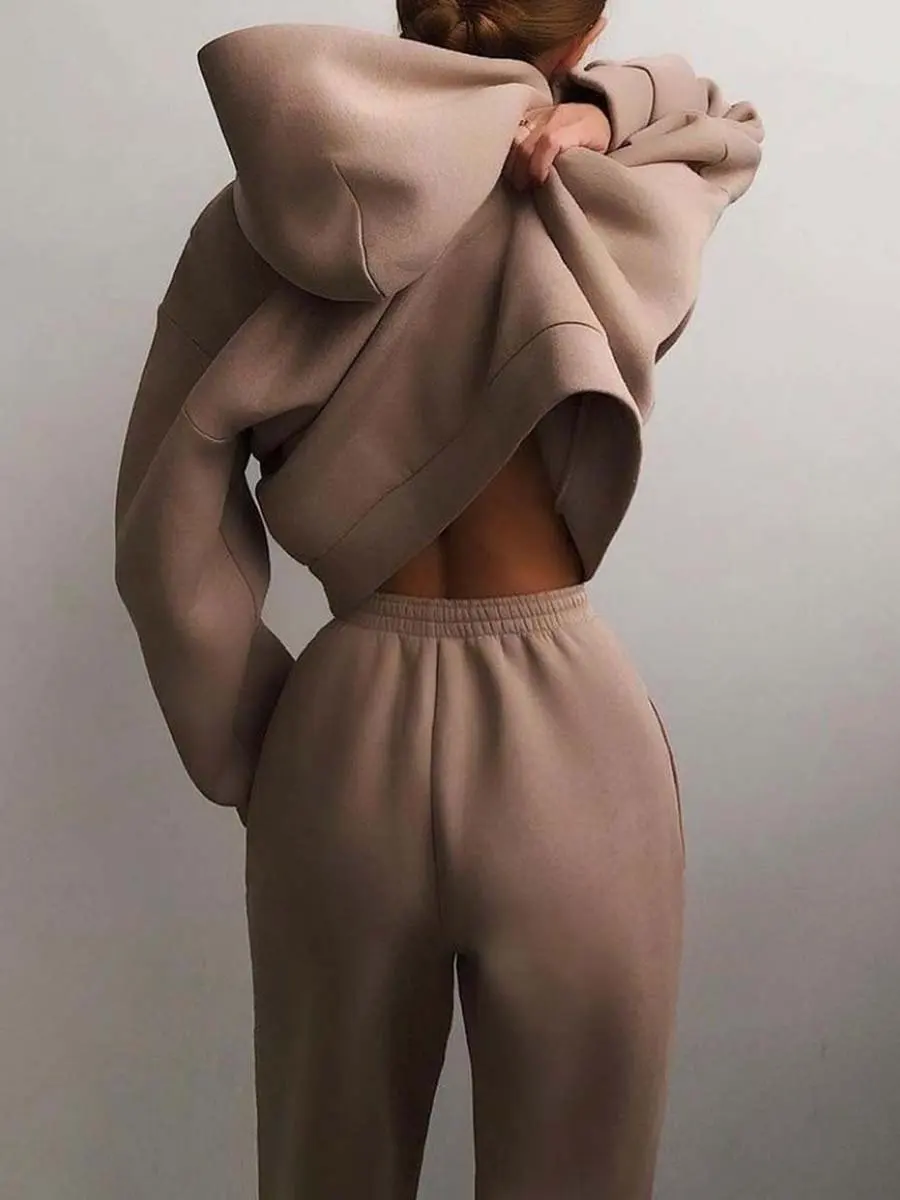 Women's Tracksuit Suit Winter Fashion Warm Hoodie Sweatshirts Two Pieces Oversized Solid Casual Hoody Pullovers Long Pant Sets