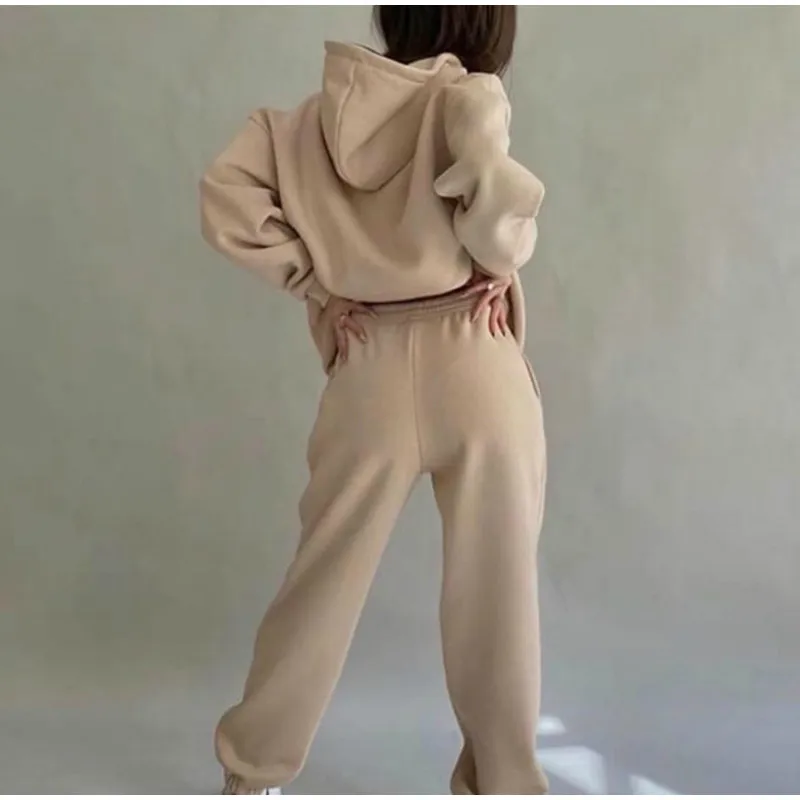 Women's Tracksuit Suit Winter Fashion Warm Hoodie Sweatshirts Two Pieces Oversized Solid Casual Hoody Pullovers Long Pant Sets