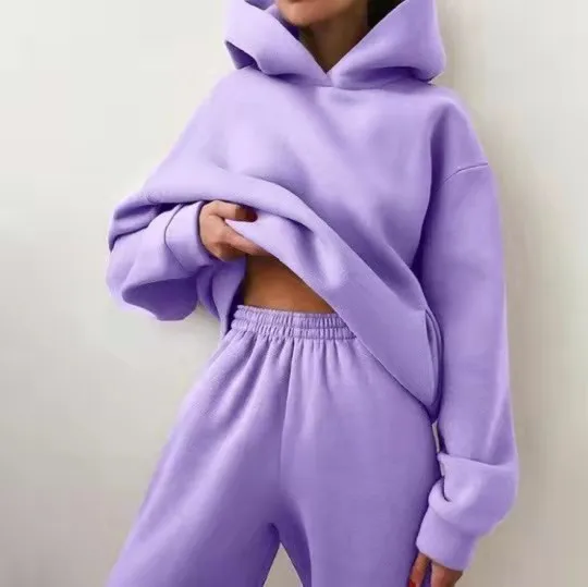 Women's Tracksuit Suit Winter Fashion Warm Hoodie Sweatshirts Two Pieces Oversized Solid Casual Hoody Pullovers Long Pant Sets