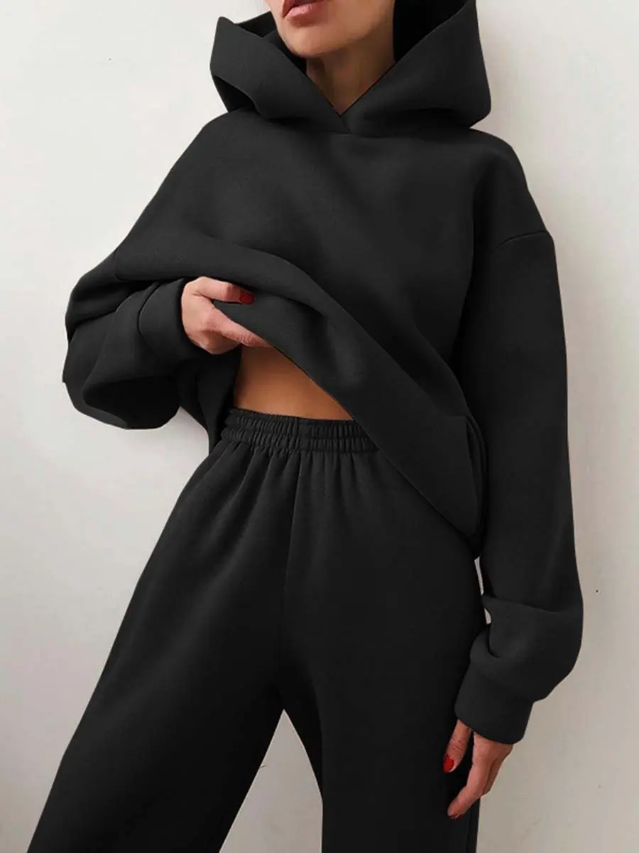 Women's Tracksuit Suit Winter Fashion Warm Hoodie Sweatshirts Two Pieces Oversized Solid Casual Hoody Pullovers Long Pant Sets