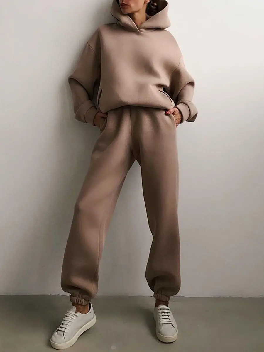Women's Tracksuit Suit Winter Fashion Warm Hoodie Sweatshirts Two Pieces Oversized Solid Casual Hoody Pullovers Long Pant Sets