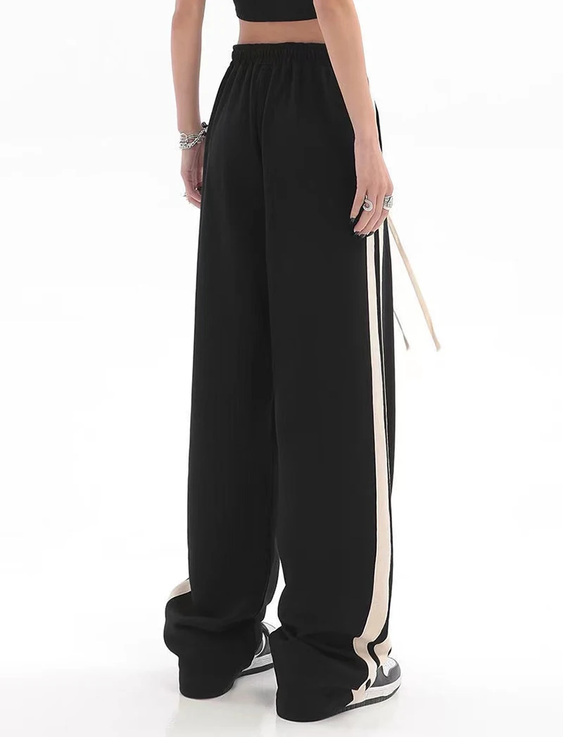MEXZT Striped Joggers Sweatpants Bf Hip Hop Women High Waist Wide Leg Sports Pants Streetwear Drawstring Baggy Straight Trousers
