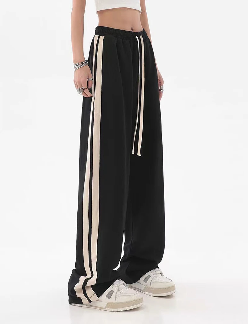 MEXZT Striped Joggers Sweatpants Bf Hip Hop Women High Waist Wide Leg Sports Pants Streetwear Drawstring Baggy Straight Trousers
