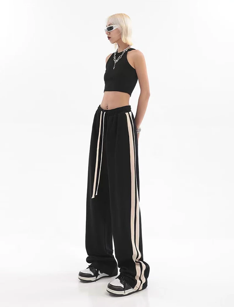 MEXZT Striped Joggers Sweatpants Bf Hip Hop Women High Waist Wide Leg Sports Pants Streetwear Drawstring Baggy Straight Trousers