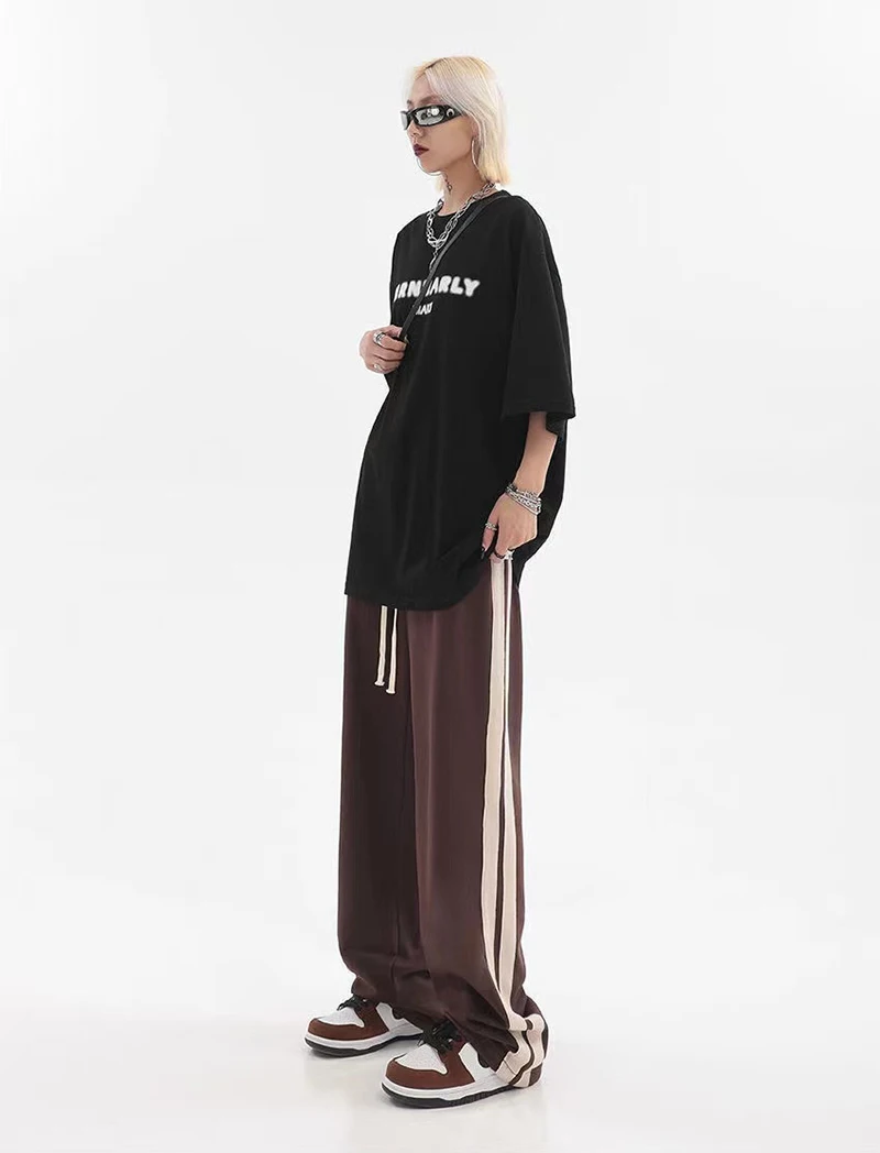MEXZT Striped Joggers Sweatpants Bf Hip Hop Women High Waist Wide Leg Sports Pants Streetwear Drawstring Baggy Straight Trousers