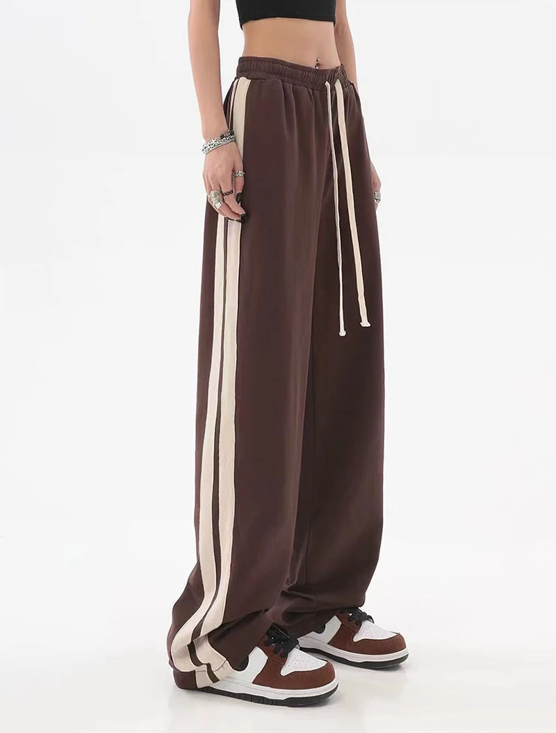 MEXZT Striped Joggers Sweatpants Bf Hip Hop Women High Waist Wide Leg Sports Pants Streetwear Drawstring Baggy Straight Trousers