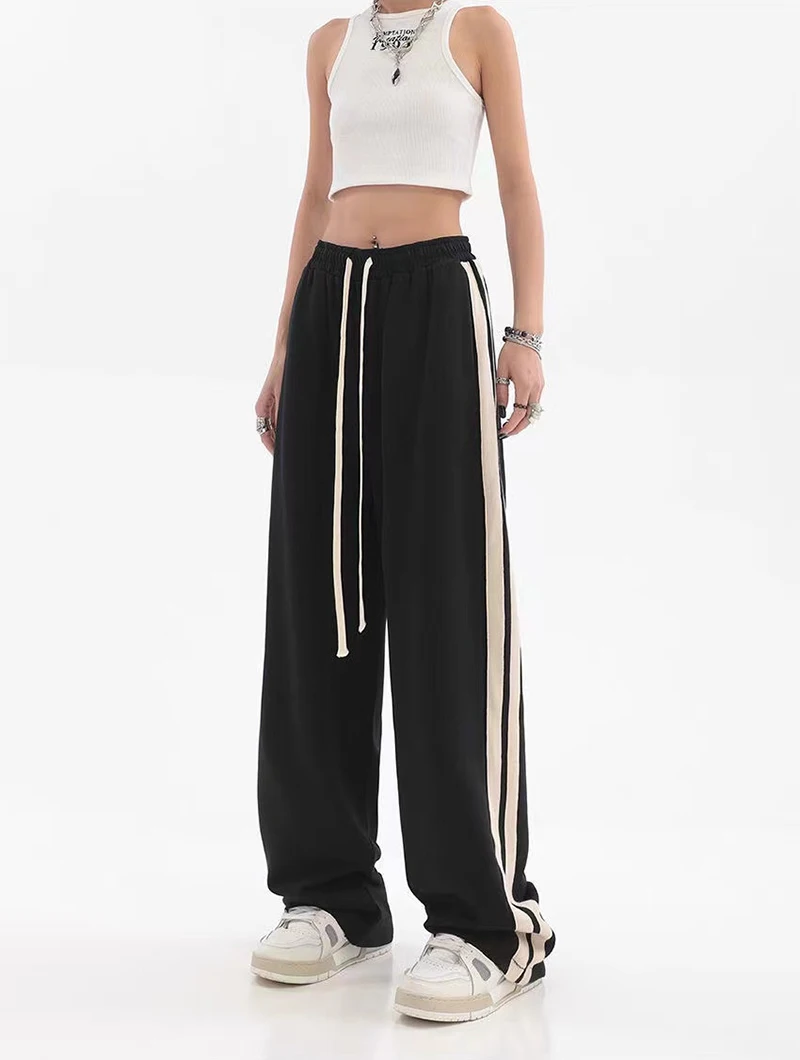 MEXZT Striped Joggers Sweatpants Bf Hip Hop Women High Waist Wide Leg Sports Pants Streetwear Drawstring Baggy Straight Trousers