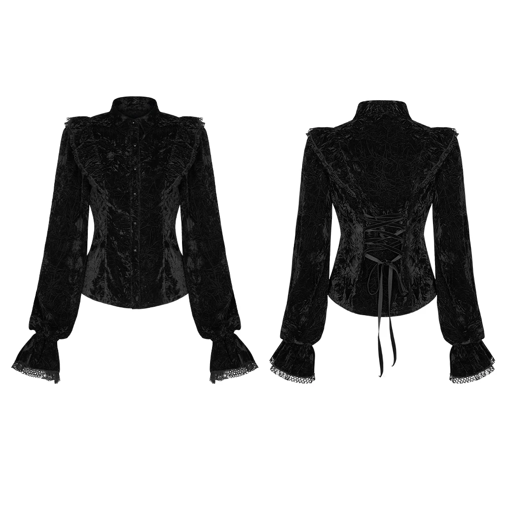 PUNK RAVE Women's Gothic Gorgeous Vintage Ruffles Shirt Printed Velvet Party Dinner Long Sleeve Blouse Slim Tops