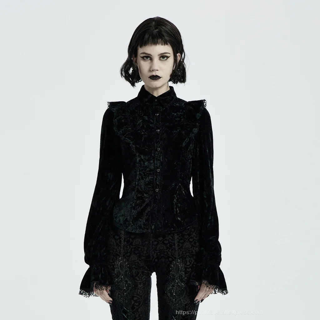 PUNK RAVE Women's Gothic Gorgeous Vintage Ruffles Shirt Printed Velvet Party Dinner Long Sleeve Blouse Slim Tops