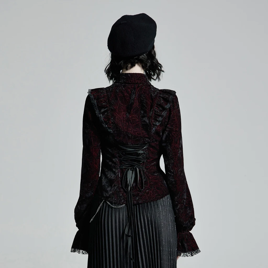 PUNK RAVE Women's Gothic Gorgeous Vintage Ruffles Shirt Printed Velvet Party Dinner Long Sleeve Blouse Slim Tops