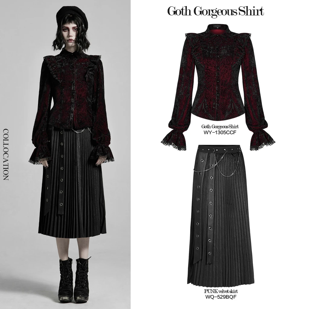 PUNK RAVE Women's Gothic Gorgeous Vintage Ruffles Shirt Printed Velvet Party Dinner Long Sleeve Blouse Slim Tops