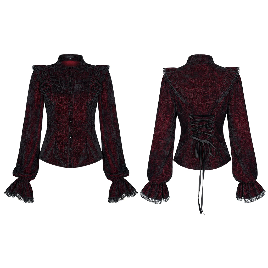 PUNK RAVE Women's Gothic Gorgeous Vintage Ruffles Shirt Printed Velvet Party Dinner Long Sleeve Blouse Slim Tops