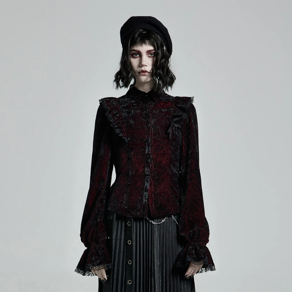 PUNK RAVE Women's Gothic Gorgeous Vintage Ruffles Shirt Printed Velvet Party Dinner Long Sleeve Blouse Slim Tops
