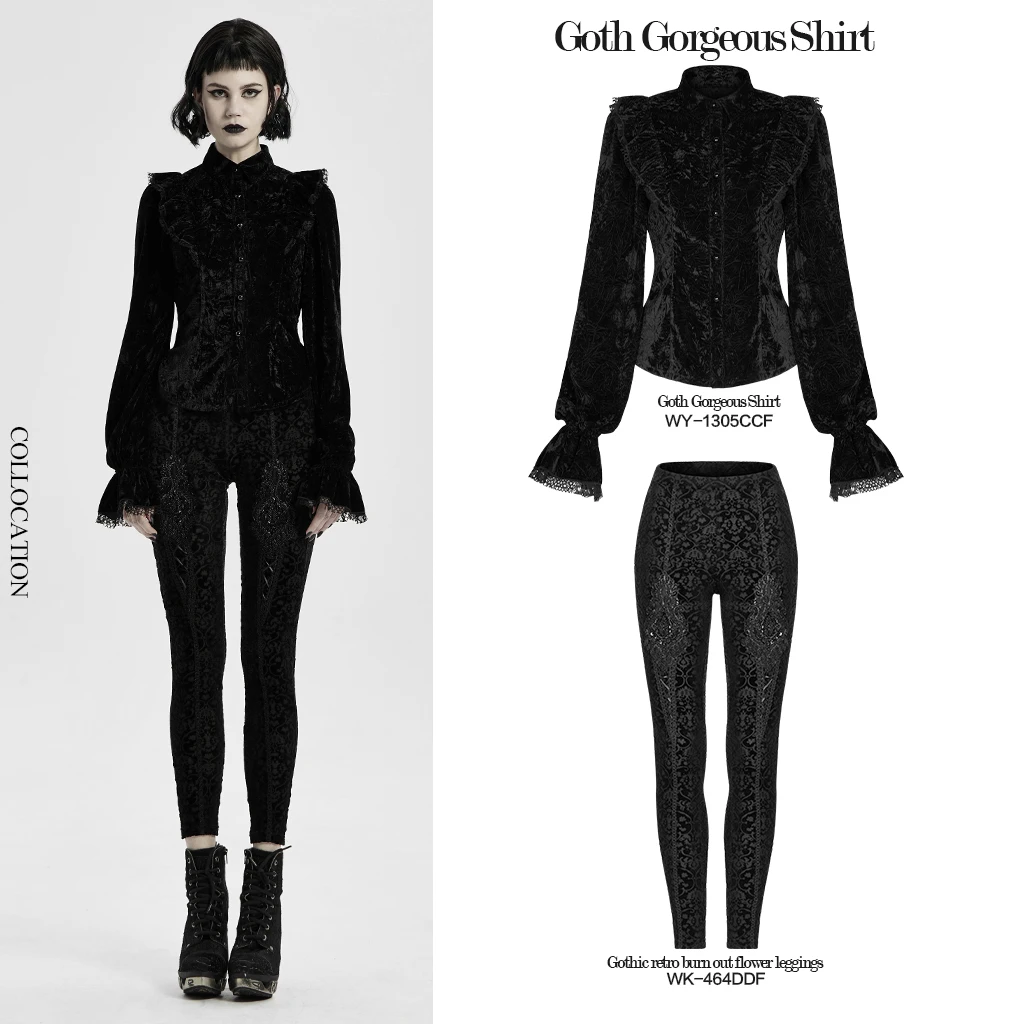 PUNK RAVE Women's Gothic Gorgeous Vintage Ruffles Shirt Printed Velvet Party Dinner Long Sleeve Blouse Slim Tops