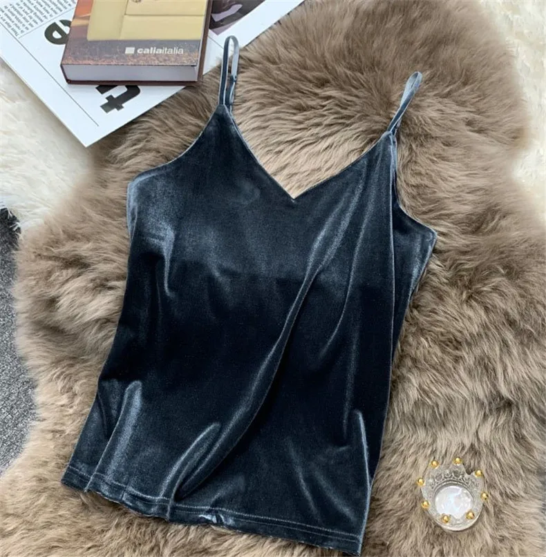 Blusa Mujer Moda Fashion Sexy Women Velour Tank Crop Top Summer Korean Streetwear Gold Velvet Camisole Elegant Vest Plus Size