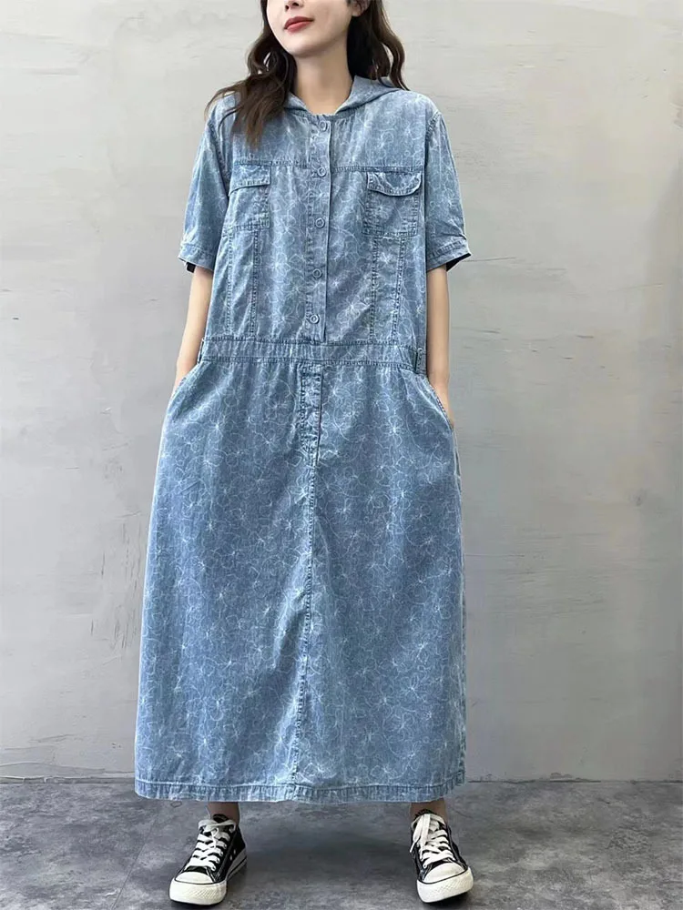 Amax luluE 2025 Summer Long Clothes Womens Fashion Loose Printed Denim Hooded Dresses Korean Luxury Elegant Floral Big Vestidos