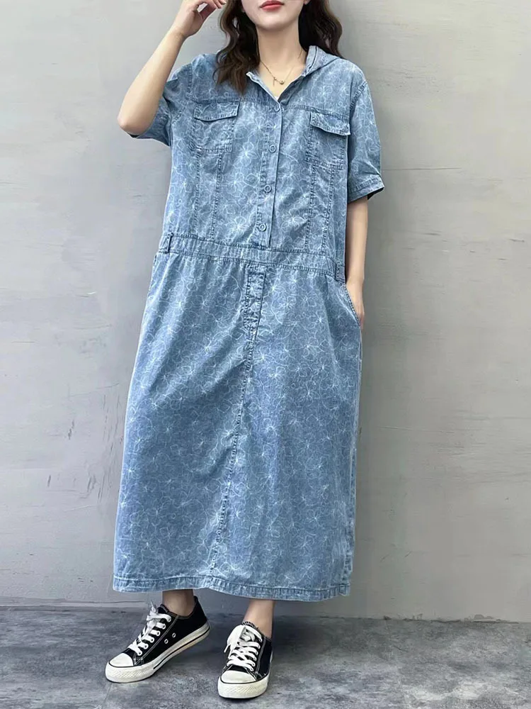 Amax luluE 2025 Summer Long Clothes Womens Fashion Loose Printed Denim Hooded Dresses Korean Luxury Elegant Floral Big Vestidos