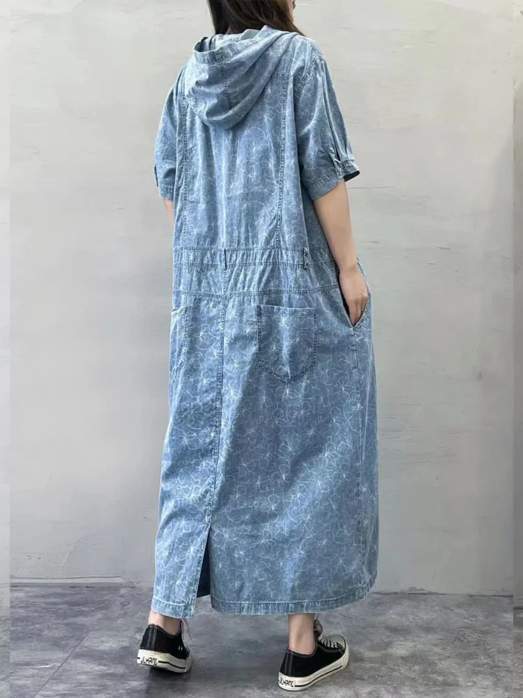 Amax luluE 2025 Summer Long Clothes Womens Fashion Loose Printed Denim Hooded Dresses Korean Luxury Elegant Floral Big Vestidos