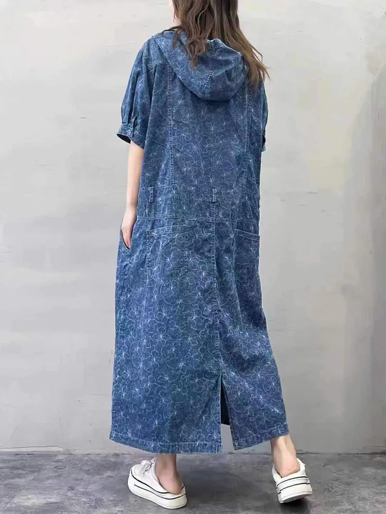 Amax luluE 2025 Summer Long Clothes Womens Fashion Loose Printed Denim Hooded Dresses Korean Luxury Elegant Floral Big Vestidos