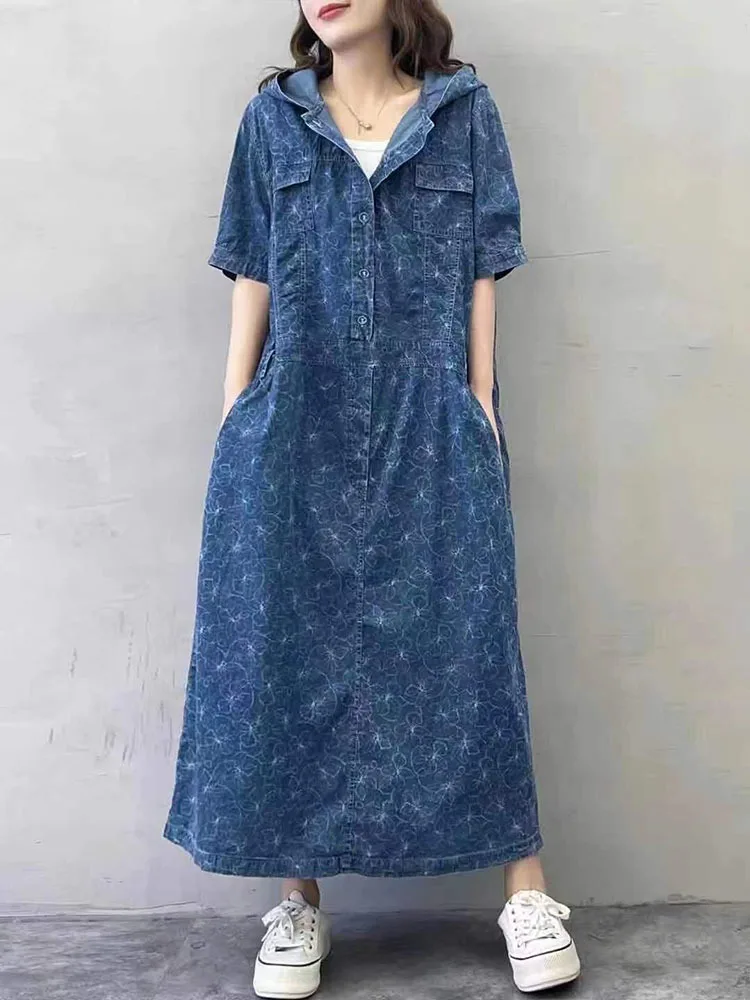 Amax luluE 2025 Summer Long Clothes Womens Fashion Loose Printed Denim Hooded Dresses Korean Luxury Elegant Floral Big Vestidos