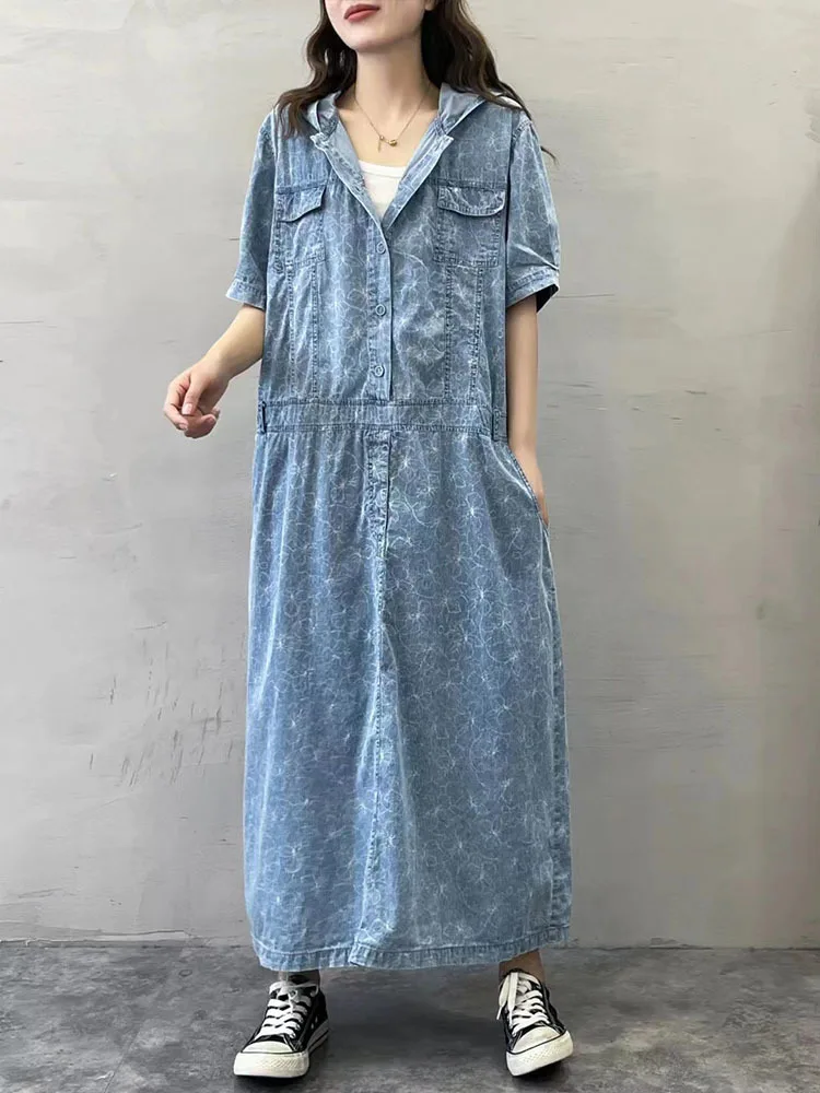 Amax luluE 2025 Summer Long Clothes Womens Fashion Loose Printed Denim Hooded Dresses Korean Luxury Elegant Floral Big Vestidos