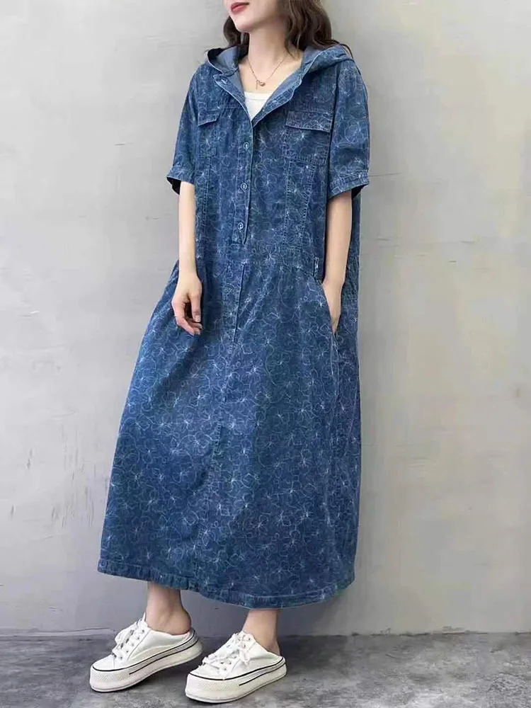 Amax luluE 2025 Summer Long Clothes Womens Fashion Loose Printed Denim Hooded Dresses Korean Luxury Elegant Floral Big Vestidos