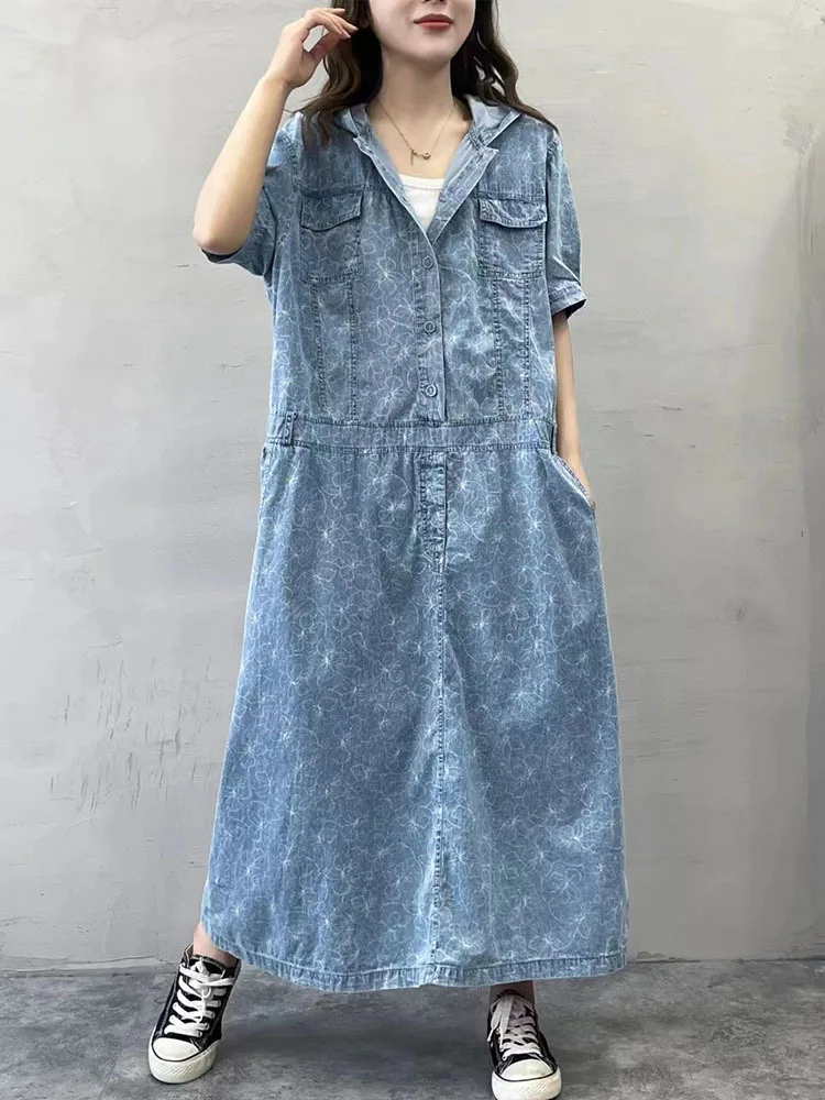 Amax luluE 2025 Summer Long Clothes Womens Fashion Loose Printed Denim Hooded Dresses Korean Luxury Elegant Floral Big Vestidos