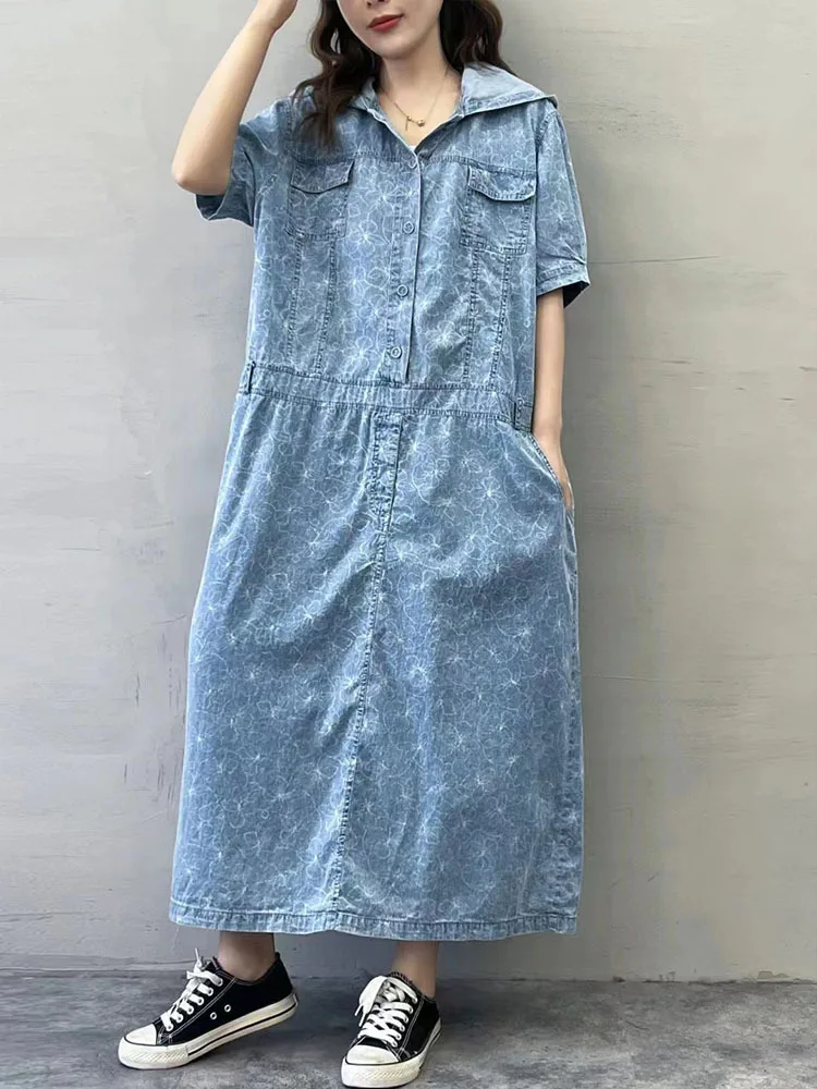 Amax luluE 2025 Summer Long Clothes Womens Fashion Loose Printed Denim Hooded Dresses Korean Luxury Elegant Floral Big Vestidos