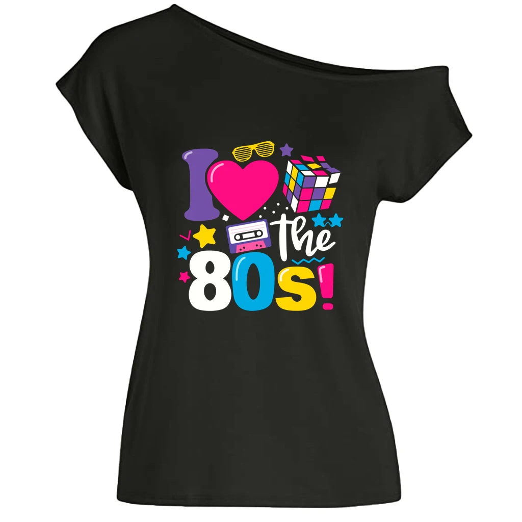 XUANSHOW 2024 Summer I Love the 80s Emotional Element T-shirt Sexy Off Shoulder Tops Short Sleeve Letters Printed Tee Shirt