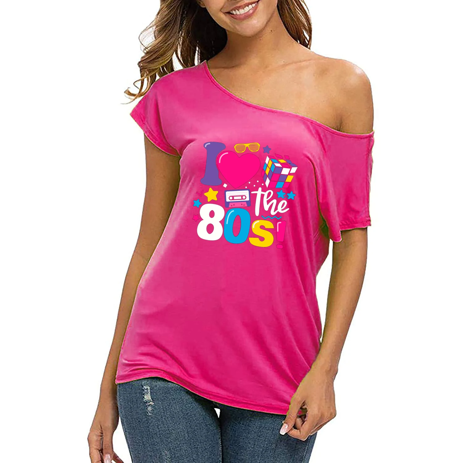 XUANSHOW 2024 Summer I Love the 80s Emotional Element T-shirt Sexy Off Shoulder Tops Short Sleeve Letters Printed Tee Shirt