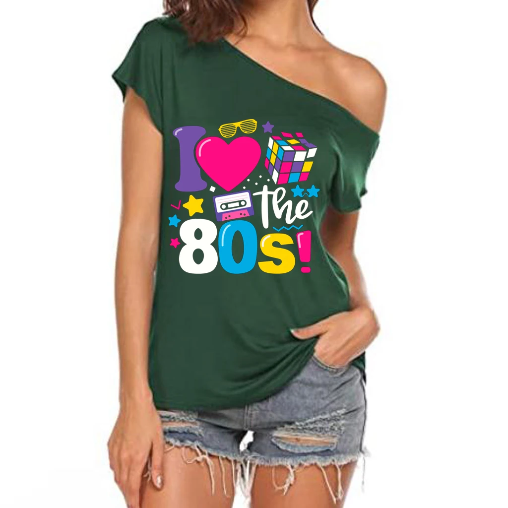 XUANSHOW 2024 Summer I Love the 80s Emotional Element T-shirt Sexy Off Shoulder Tops Short Sleeve Letters Printed Tee Shirt