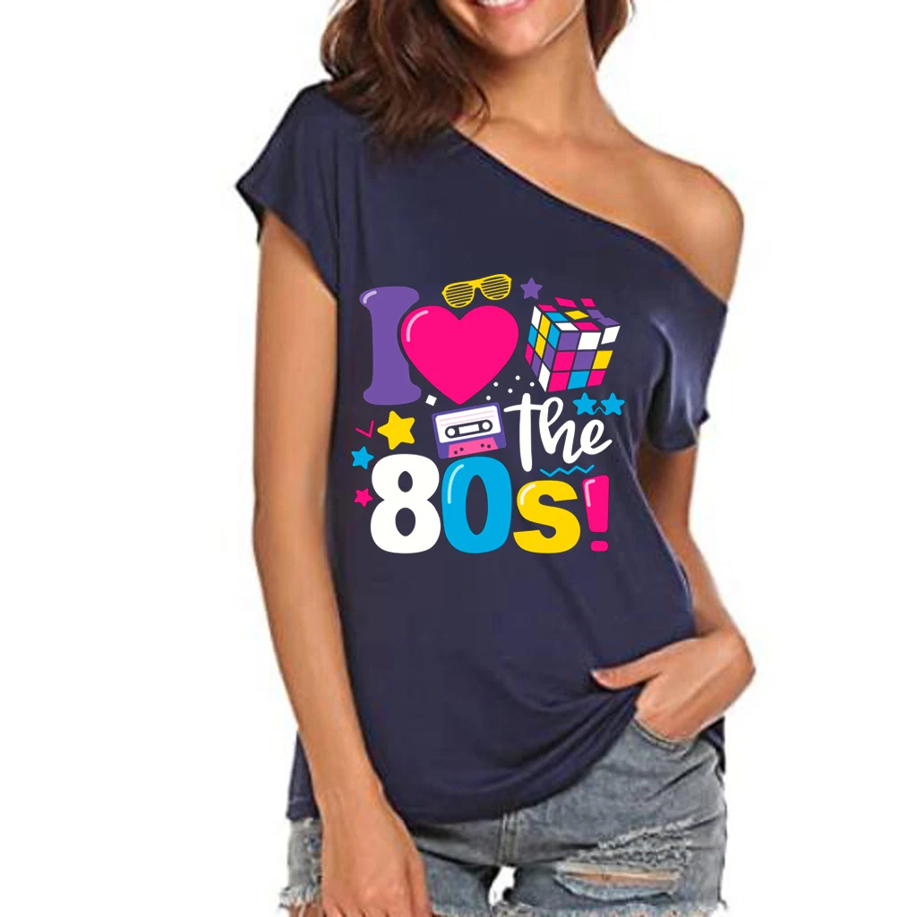 XUANSHOW 2024 Summer I Love the 80s Emotional Element T-shirt Sexy Off Shoulder Tops Short Sleeve Letters Printed Tee Shirt