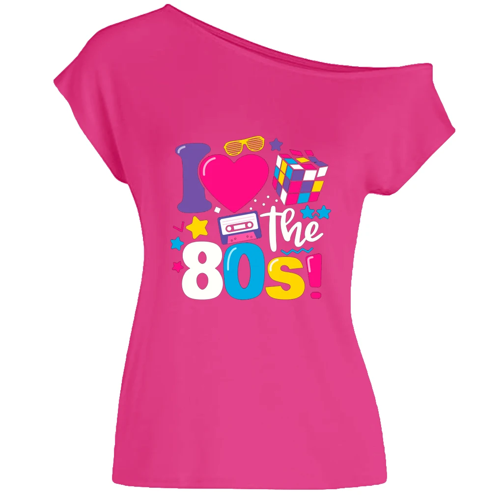 XUANSHOW 2024 Summer I Love the 80s Emotional Element T-shirt Sexy Off Shoulder Tops Short Sleeve Letters Printed Tee Shirt