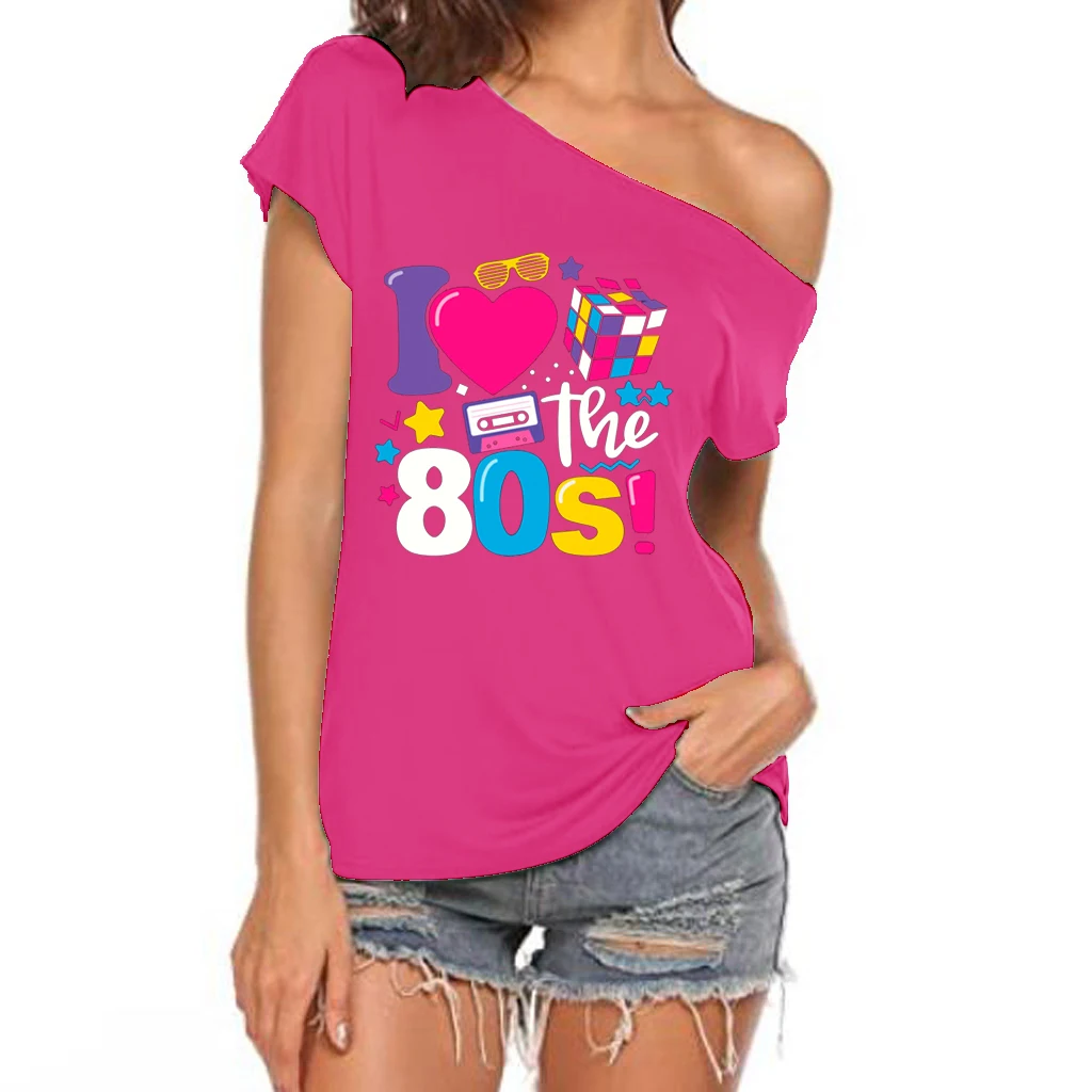 XUANSHOW 2024 Summer I Love the 80s Emotional Element T-shirt Sexy Off Shoulder Tops Short Sleeve Letters Printed Tee Shirt