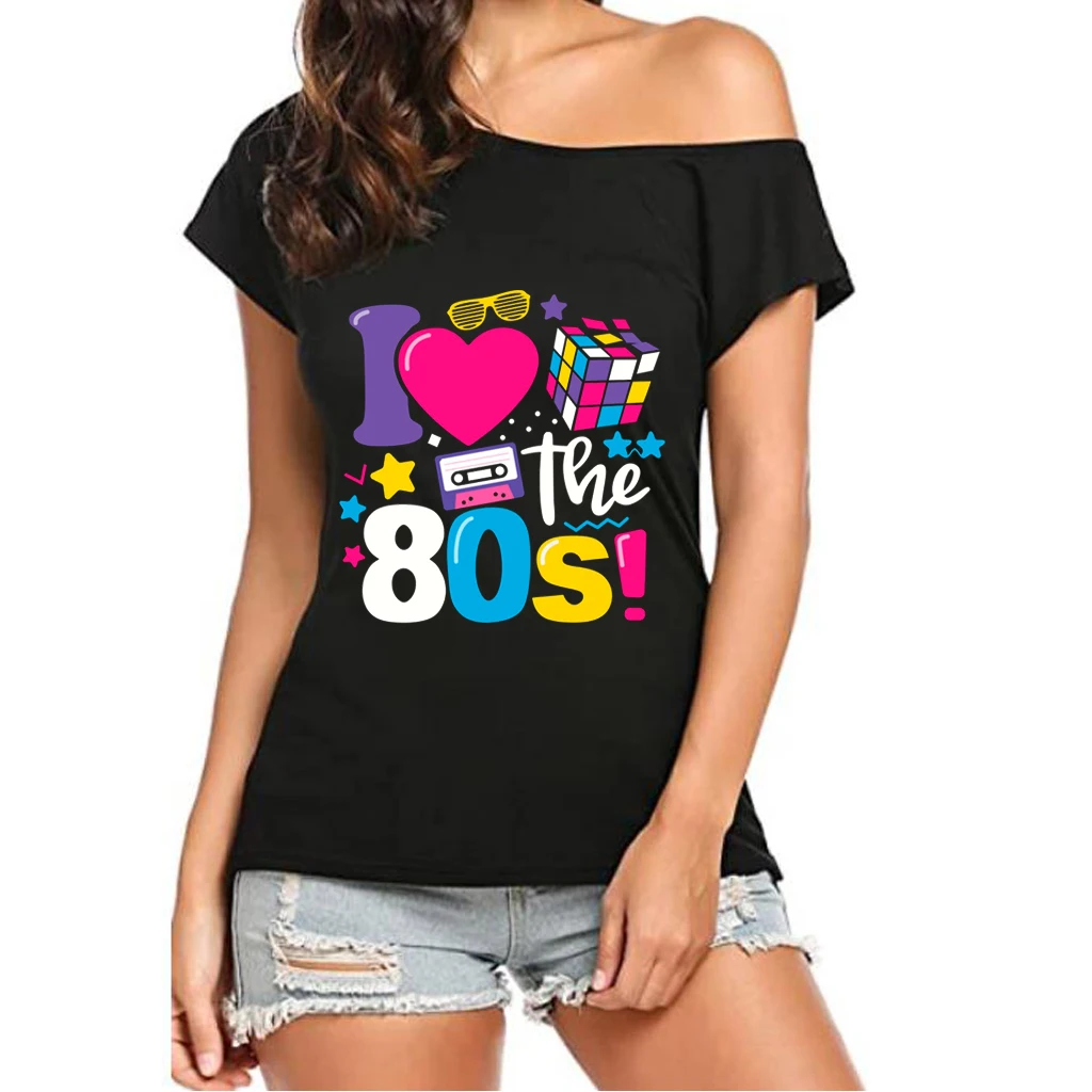 XUANSHOW 2024 Summer I Love the 80s Emotional Element T-shirt Sexy Off Shoulder Tops Short Sleeve Letters Printed Tee Shirt