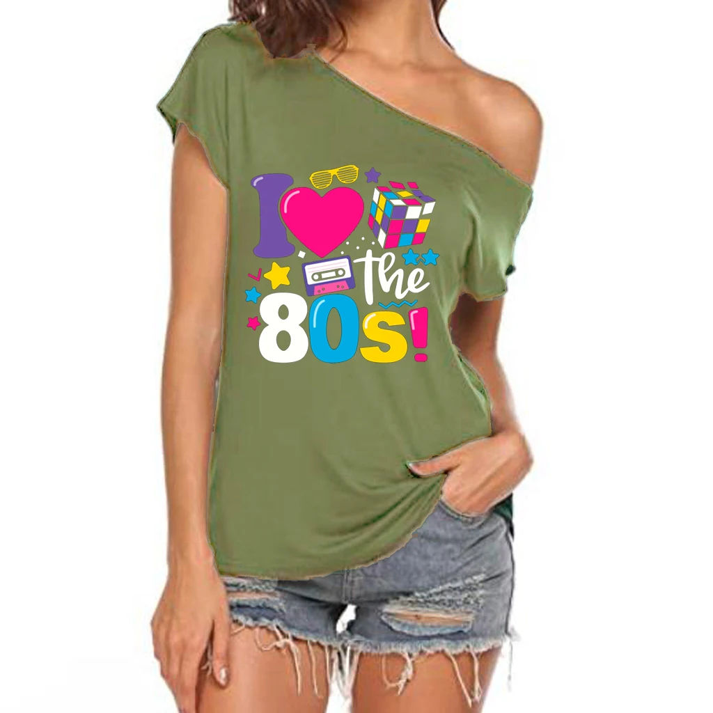 XUANSHOW 2024 Summer I Love the 80s Emotional Element T-shirt Sexy Off Shoulder Tops Short Sleeve Letters Printed Tee Shirt