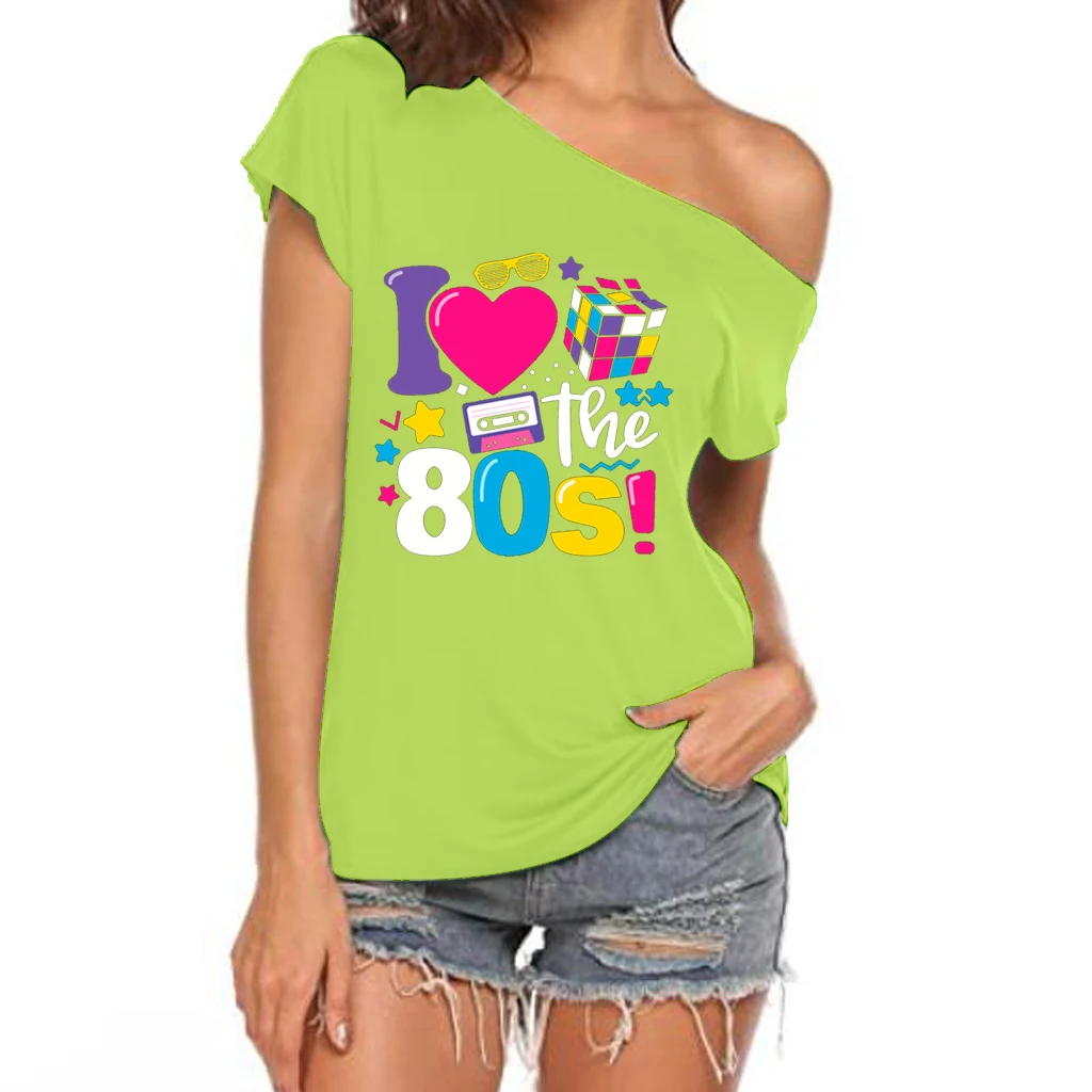 XUANSHOW 2024 Summer I Love the 80s Emotional Element T-shirt Sexy Off Shoulder Tops Short Sleeve Letters Printed Tee Shirt