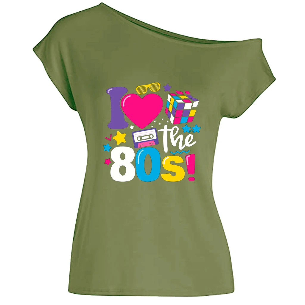 XUANSHOW 2024 Summer I Love the 80s Emotional Element T-shirt Sexy Off Shoulder Tops Short Sleeve Letters Printed Tee Shirt