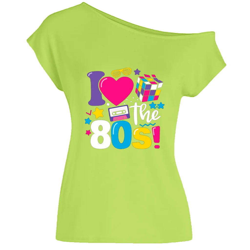 XUANSHOW 2024 Summer I Love the 80s Emotional Element T-shirt Sexy Off Shoulder Tops Short Sleeve Letters Printed Tee Shirt