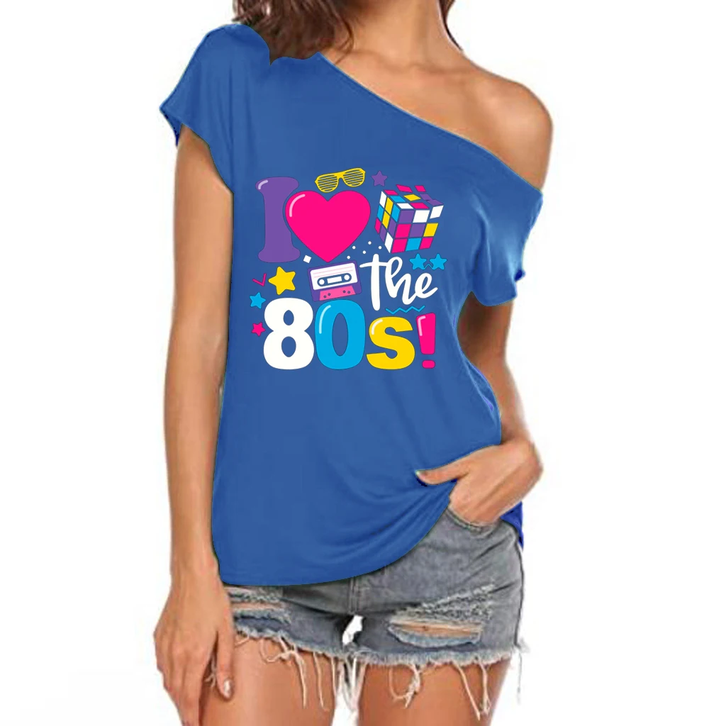 XUANSHOW 2024 Summer I Love the 80s Emotional Element T-shirt Sexy Off Shoulder Tops Short Sleeve Letters Printed Tee Shirt