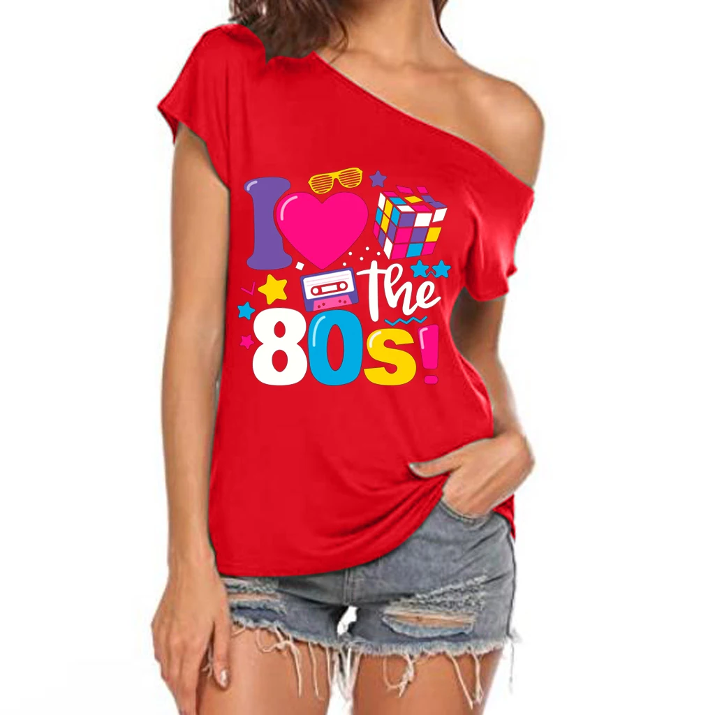 XUANSHOW 2024 Summer I Love the 80s Emotional Element T-shirt Sexy Off Shoulder Tops Short Sleeve Letters Printed Tee Shirt