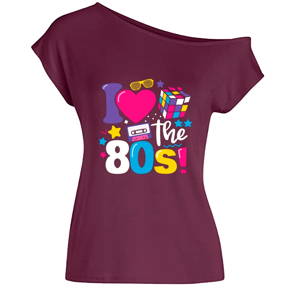 XUANSHOW 2024 Summer I Love the 80s Emotional Element T-shirt Sexy Off Shoulder Tops Short Sleeve Letters Printed Tee Shirt