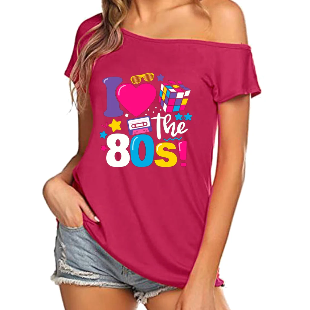 XUANSHOW 2024 Summer I Love the 80s Emotional Element T-shirt Sexy Off Shoulder Tops Short Sleeve Letters Printed Tee Shirt