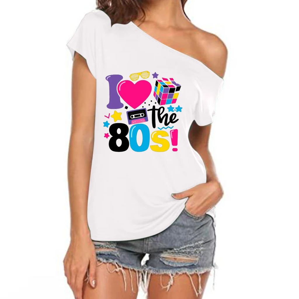 XUANSHOW 2024 Summer I Love the 80s Emotional Element T-shirt Sexy Off Shoulder Tops Short Sleeve Letters Printed Tee Shirt