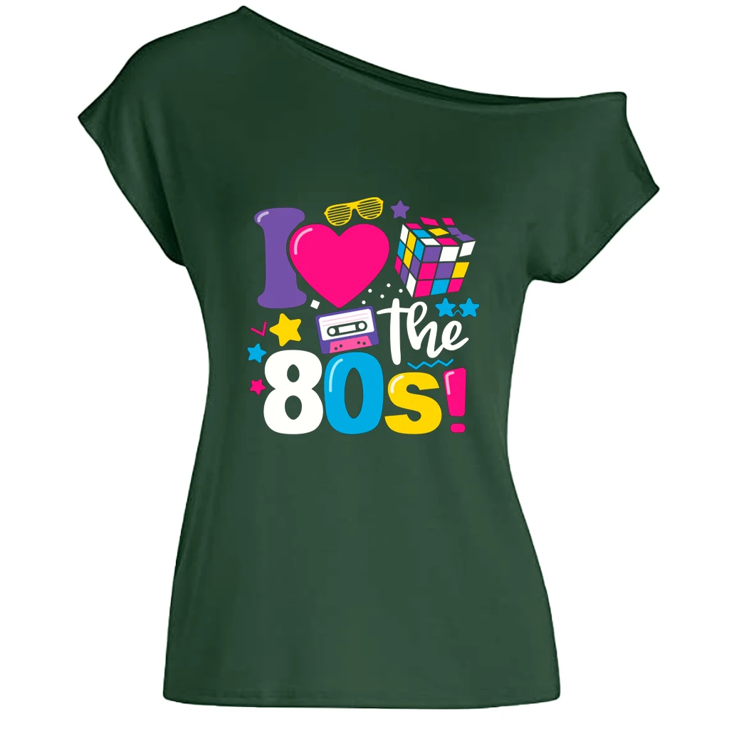 XUANSHOW 2024 Summer I Love the 80s Emotional Element T-shirt Sexy Off Shoulder Tops Short Sleeve Letters Printed Tee Shirt