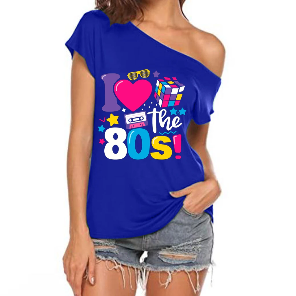 XUANSHOW 2024 Summer I Love the 80s Emotional Element T-shirt Sexy Off Shoulder Tops Short Sleeve Letters Printed Tee Shirt