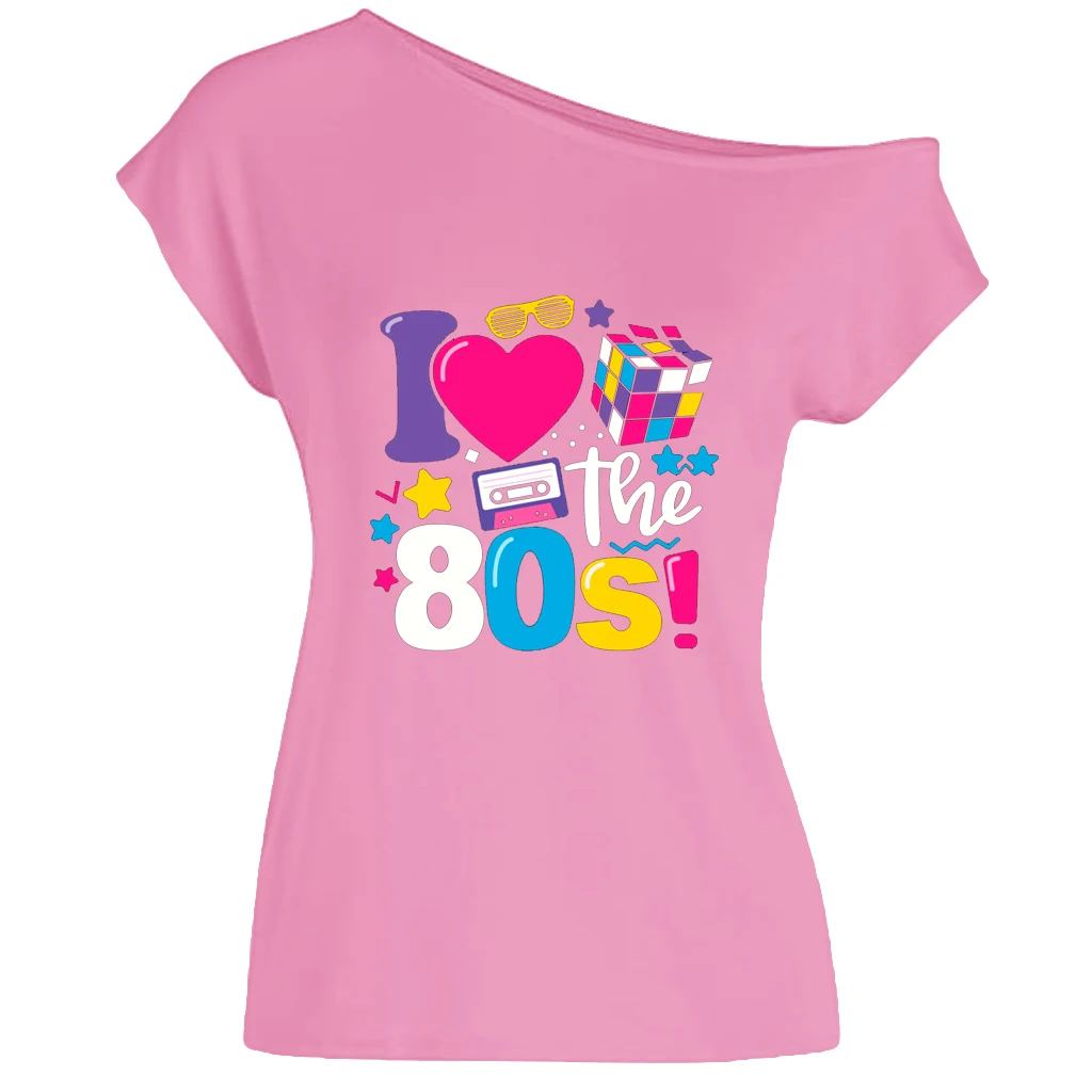 XUANSHOW 2024 Summer I Love the 80s Emotional Element T-shirt Sexy Off Shoulder Tops Short Sleeve Letters Printed Tee Shirt