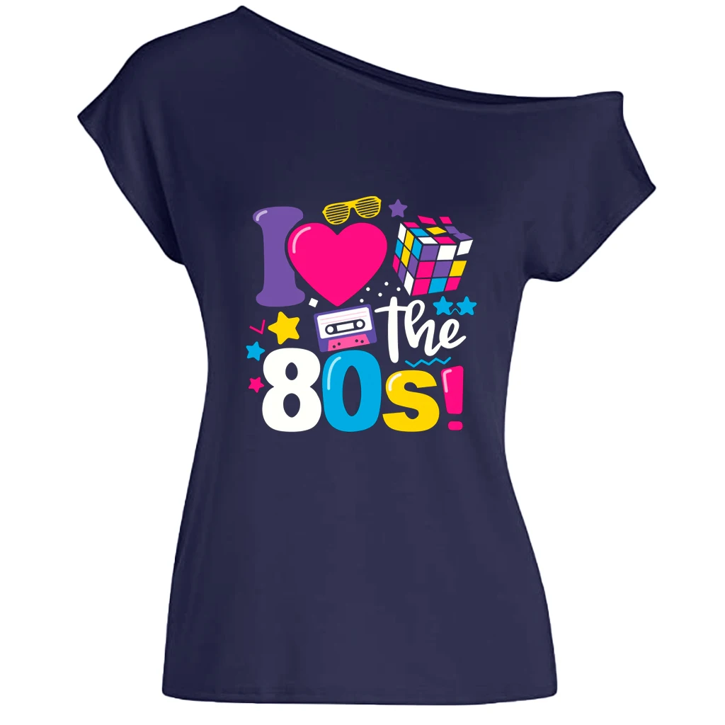 XUANSHOW 2024 Summer I Love the 80s Emotional Element T-shirt Sexy Off Shoulder Tops Short Sleeve Letters Printed Tee Shirt