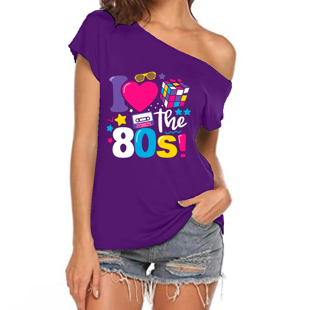 XUANSHOW 2024 Summer I Love the 80s Emotional Element T-shirt Sexy Off Shoulder Tops Short Sleeve Letters Printed Tee Shirt